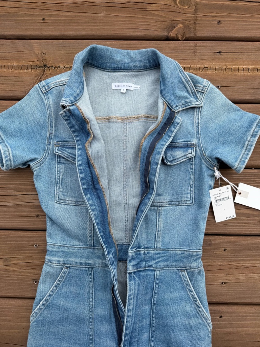 GOOD AMERICAN Light Wash Denim Jumpsuit - Short Sleeve - Picture 7 of 12